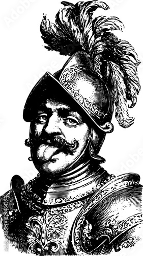 Antique engraving of a male character in ornate armor. The detailed illustration features a feathered headpiece in a vintage vector style.