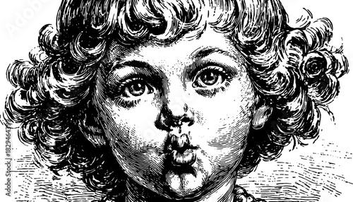 Child's face in vintage silhouette style. Detailed hand-drawn illustration featuring a classic expression, perfect for artistic projects. Vector illustration.