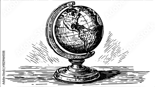 Vintage globe illustration in detail, featuring an engraved map on a wooden base. This black and white vector set symbolizes education and cartography.