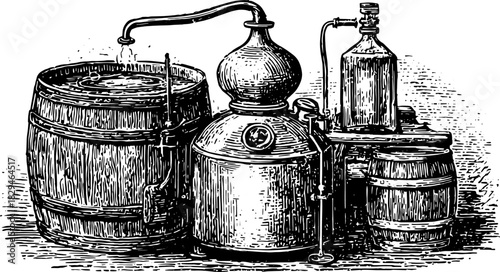 Vintage distillery equipment in detailed line illustration. This vector set features barrels and stills, showcasing the traditional craft of alcohol production.