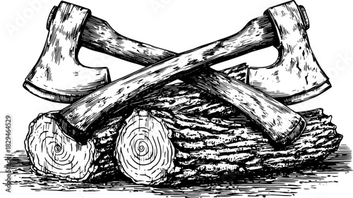 Axe and log drawing in vintage style. Vector illustration showcasing crossed tools on wooden texture set.