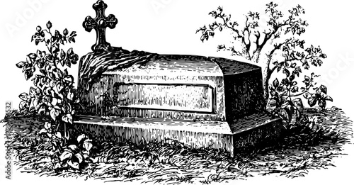 Vintage engraving of a tombstone with a cross, surrounded by plants and grass. Detailed vector illustration set showcasing memorial elements.