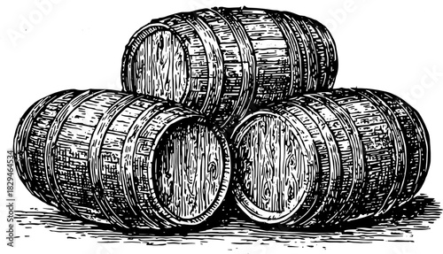 Vintage wooden barrels in a detailed line drawing style. The illustration features a classic outline of the set of casks in black and white vector format.