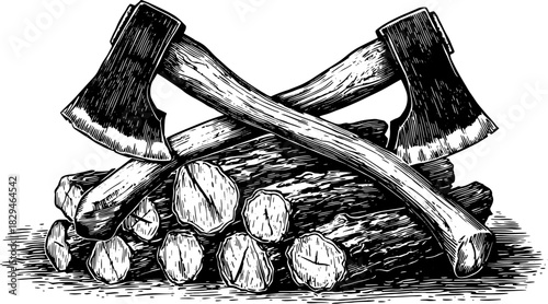Vintage ax and firewood set in a line drawing style. Black and white vector illustration depicting outdoor tools for cutting.