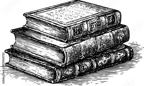 Stack of vintage books in outline drawing style. Black and white vector illustration showcases classic literature and decorative covers in a set.
