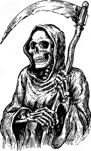 Grim reaper with skull and scythe in vintage outline style. Black and white vector illustration depicts a classic character.