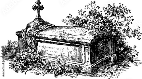 Vintage engraving of a grave with a cross, surrounded by flowers and bushes. Black and white vector illustration features detailed textures in a classic style.