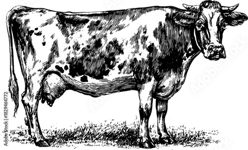 Vintage black and white outline illustration of a cow, showcasing detailed drawing in a classic style. The set includes a vector illustration for various uses.