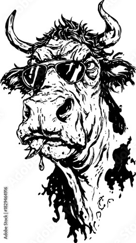 Cow wearing sunglasses silhouette in black and white. Vintage style vector illustration adds uniqueness to the artwork.