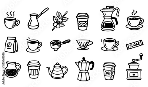 Hand-drawn coffee shop. doodle set with coffee makers, beans, cups, desserts. for café branding, stickers, menus