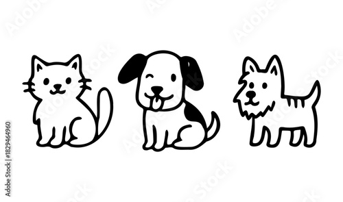 Vector set of pets in doodle style. Hand drawn. Pets dog and cat.
