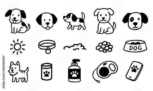 Vector set of pets in doodle style. Hand drawn. Pet accessories elements: bone, paw, leash, food, cat and dog.