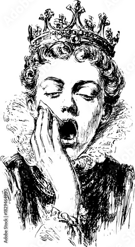 Engravings of a woman yawning. A black-and-white hand-drawn illustration featuring a crowned figure in vintage attire. Vector illustration.