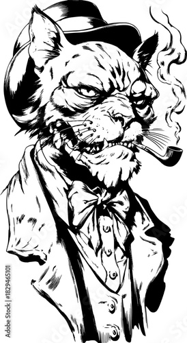 Cat illustration in vintage engraving style. Black outline set features a dapper character with a hat and bowtie in vector format.