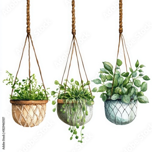 Elegant watercolor painting of hanging houseplants in decorative pots, bringing a touch of nature and serenity to modern home decor, perfect for botanical themes