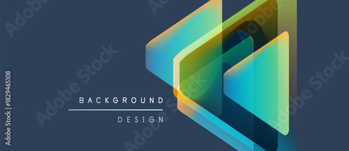 Abstract geometric shapes overlap, creating vibrant layered effect. Blue, green, yellow hues dominate design. Minimalist style.