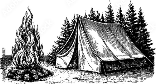Vintage camping scene with a tent and fire. Detailed vector illustration depicting an outdoor camping experience in nature.