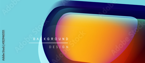 Abstract design features layered shapes, vibrant colors. Gradient blends blue, orange, yellow over light turquoise backdrop. Text reads background design.