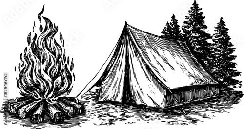 Tent and campfire in an engraving style. Simple outline illustration of a camping set with trees and firewood vector graphic.