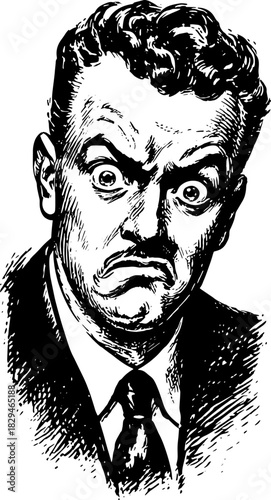 Vintage man with an angry expression. Black and white vector illustration of a serious businessman in a suit, graphic portrayal.