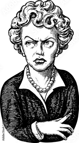 Illustration of an angry woman with a vintage hairstyle. A black and white graphic portrait featuring elegant clothing, in a classic vector style.