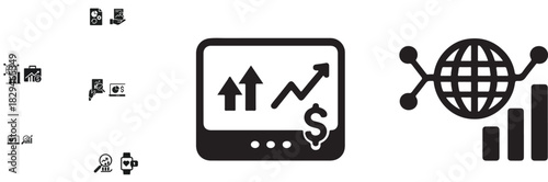 Global data analytics and financial growth icon set in minimal vector silhouette style for modern business..eps