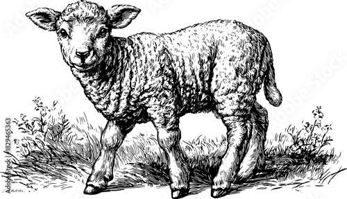 Lamb illustration in vintage style. Detailed black and white vector drawing set on grass, depicting a rural scene with textured elements.