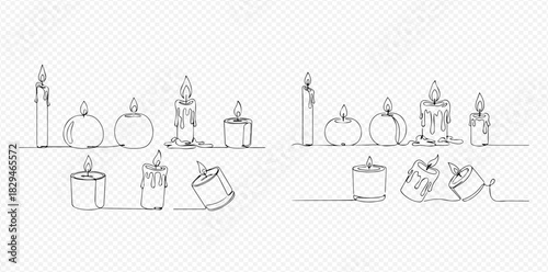 Continuous line art drawing of various burning candles, including pillar, round, and tea light candles, with some showing melted wax.