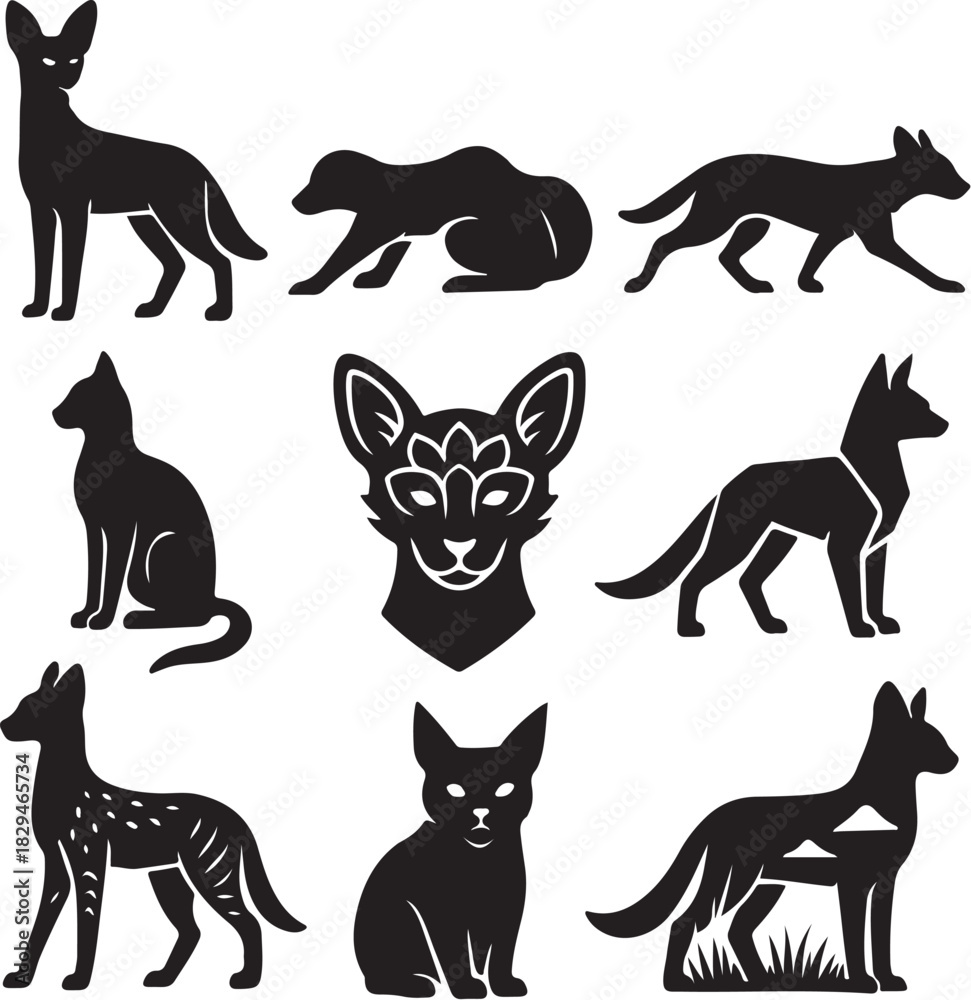 Fototapeta premium Serval Cat Silhouette Bundle 8 Icons.eps