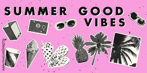 Summer good vibes collage with tropical elements on pink background