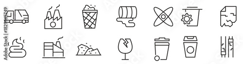 Waste and Recycling line icon set. Eco, save, reduce, reuse, plastic, glass, pollution, dump, refuse, bin, sweep, garbage disposal. trash separation line icon set. Ui thin line icon pack.