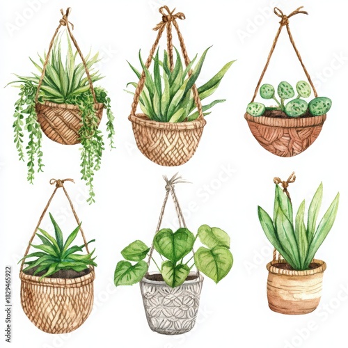 Bring the outdoors in with these charming hanging plants in woven baskets, perfect for adding a touch of natural beauty to any space or design project