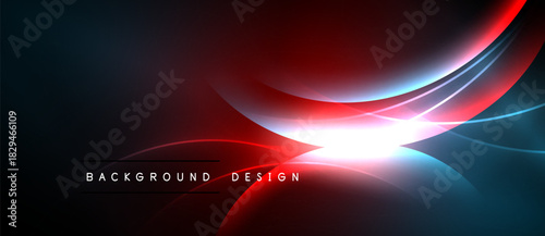 Abstract design features vibrant blue, red gradients. Bright light radiates from center, creating dynamic visual effect. Dark background enhances contrast.
