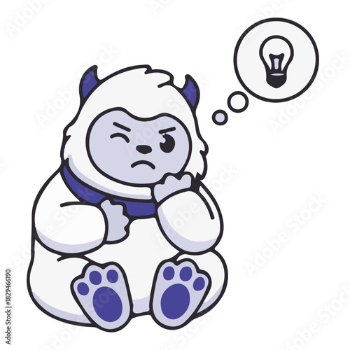 Introspective Yeti and Lightbulb: A thoughtful yeti sits contemplating, with a lightbulb in a thought bubble, sparking ideas and innovation.