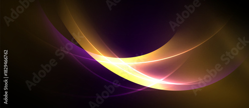 Abstract design features flowing curves, vibrant colors. Gold, purple, yellow hues create dynamic visual effect. Smooth gradients dominate composition.