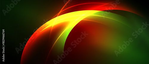 Abstract vibrant curves, flowing shapes. Red, yellow, green hues dominate dark background. Dynamic energy, modern design elements present.