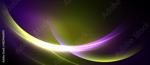 Abstract design features flowing curves, vibrant purple, green hues. Bright light emanates from central point, creating dynamic effect.