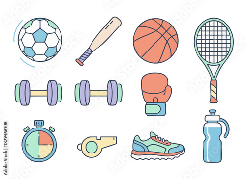 Colorful vector icon set of sports equipment- soccer ball, basketball, baseball bat