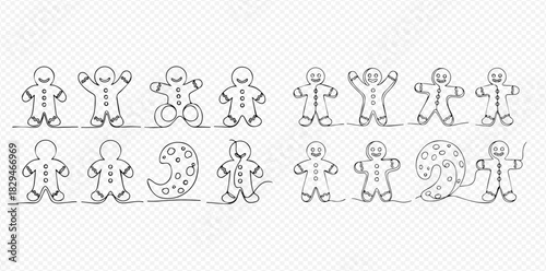 Continuous line art drawing of various gingerbread men and crescent moon shapes, perfect for holiday designs.