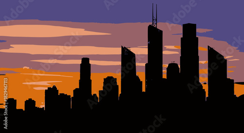 Silhouette of a Cityscape at Sunset with Tall Buildings and Towers