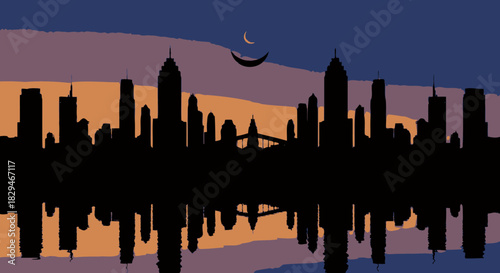 Silhouette of a Cityscape at Dusk with Moon and Water Reflection