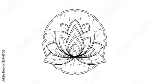 Elegant line art illustration of a blooming lotus flower with detailed petals and leaf.