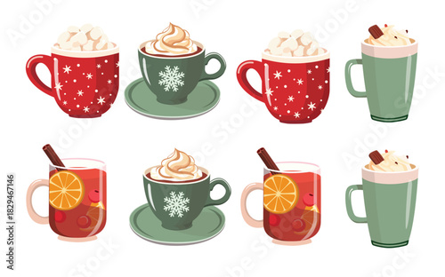 winter holiday seamless border with hot drinks in mugs