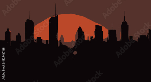 Silhouetted Cityscape at Sunset with Towering Buildings and Warm Hues