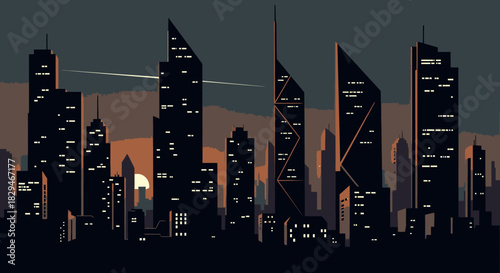 Stylized Cityscape Silhouette at Dusk with Illuminated Windows and Buildings