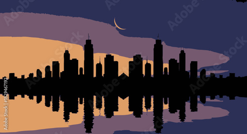 Silhouetted Cityscape Reflected in Water with Crescent Moon at Dusk