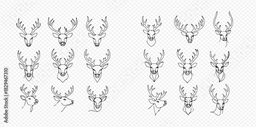 Collection of various deer head outlines with antlers in a minimalist line art style.