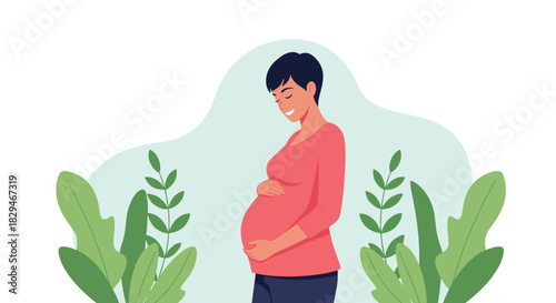 A pregnant woman with dark hair and a pink shirt gently holds her belly surrounded by lush green plants.