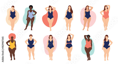 Diverse group of women in swimsuits showcasing various body types and skin tones.