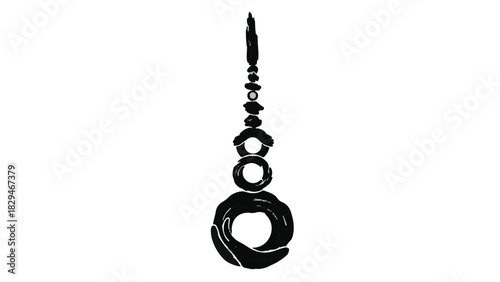 Elegant black dangling earring with circular elements on a white background